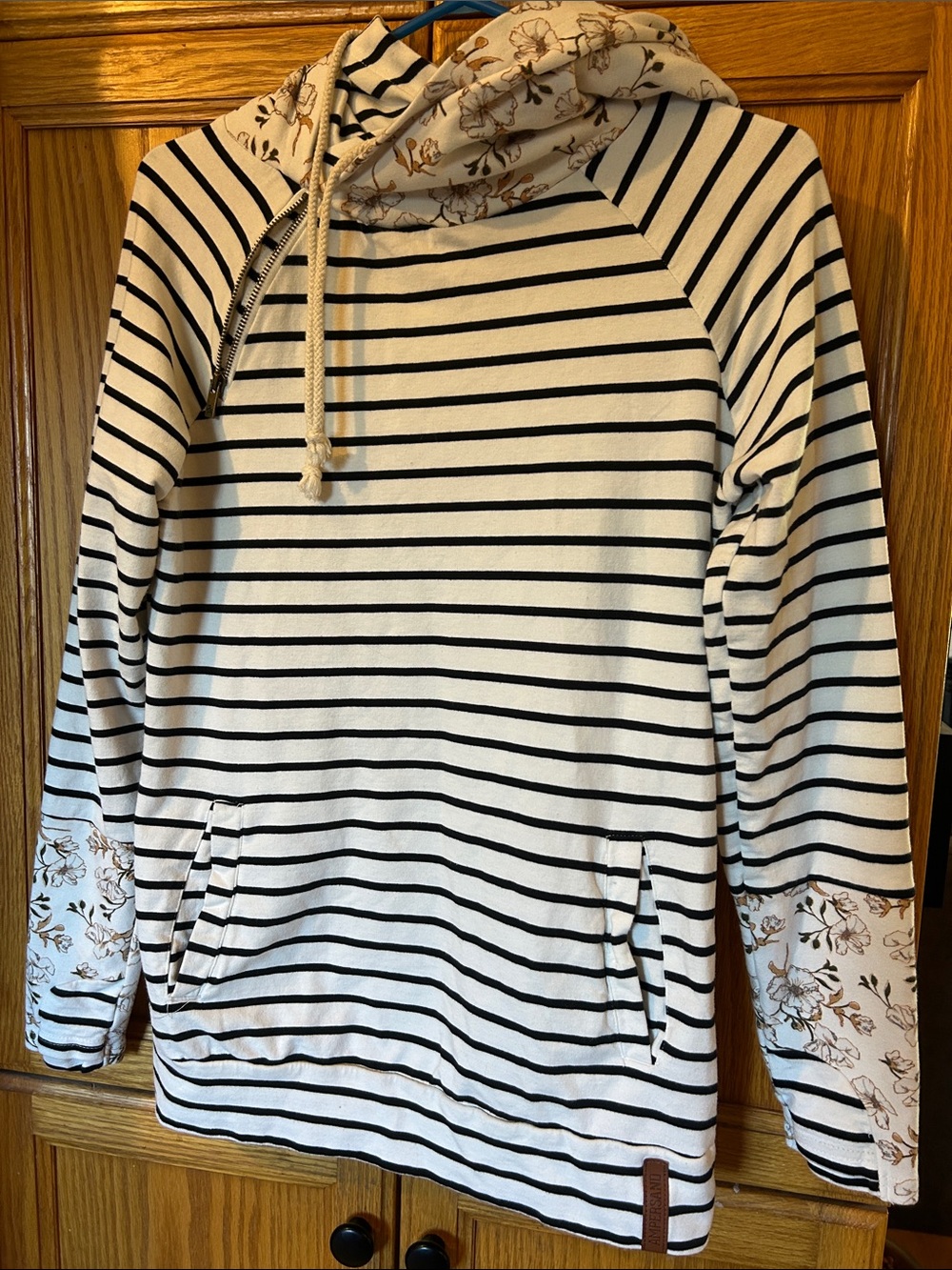 AMPERSAND AVE Black & White Striped Cowl Neck Sweater with Floral Trim